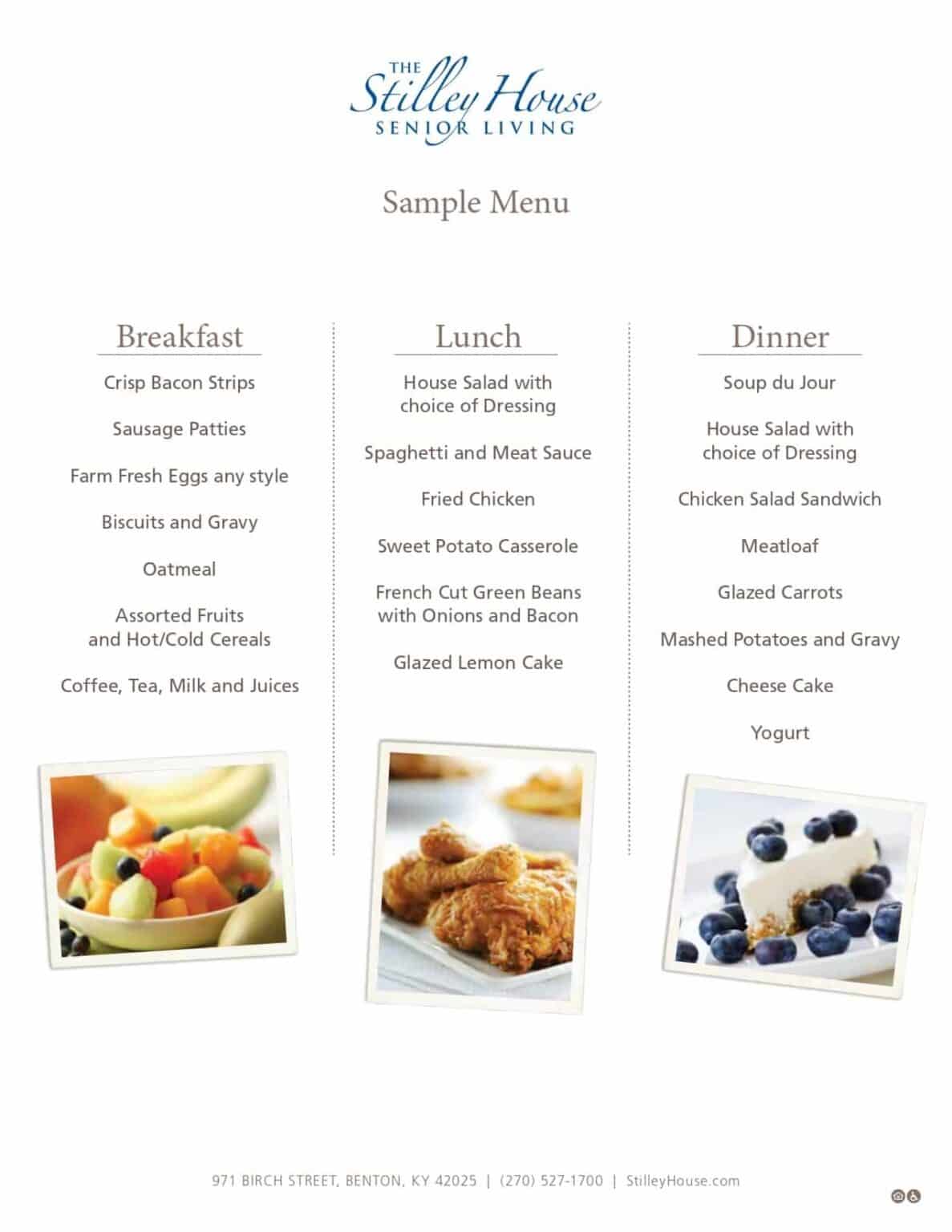 The Stilley House sample menu